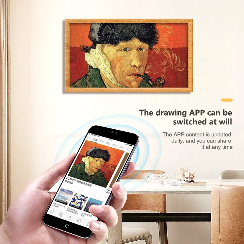 Digital Photo Frame LCD 21.5" inch Real Wood Light Brown Border Less Smart Touch Screen WiFi Picture Display Bluetooth Remote App IOS Android Cloud