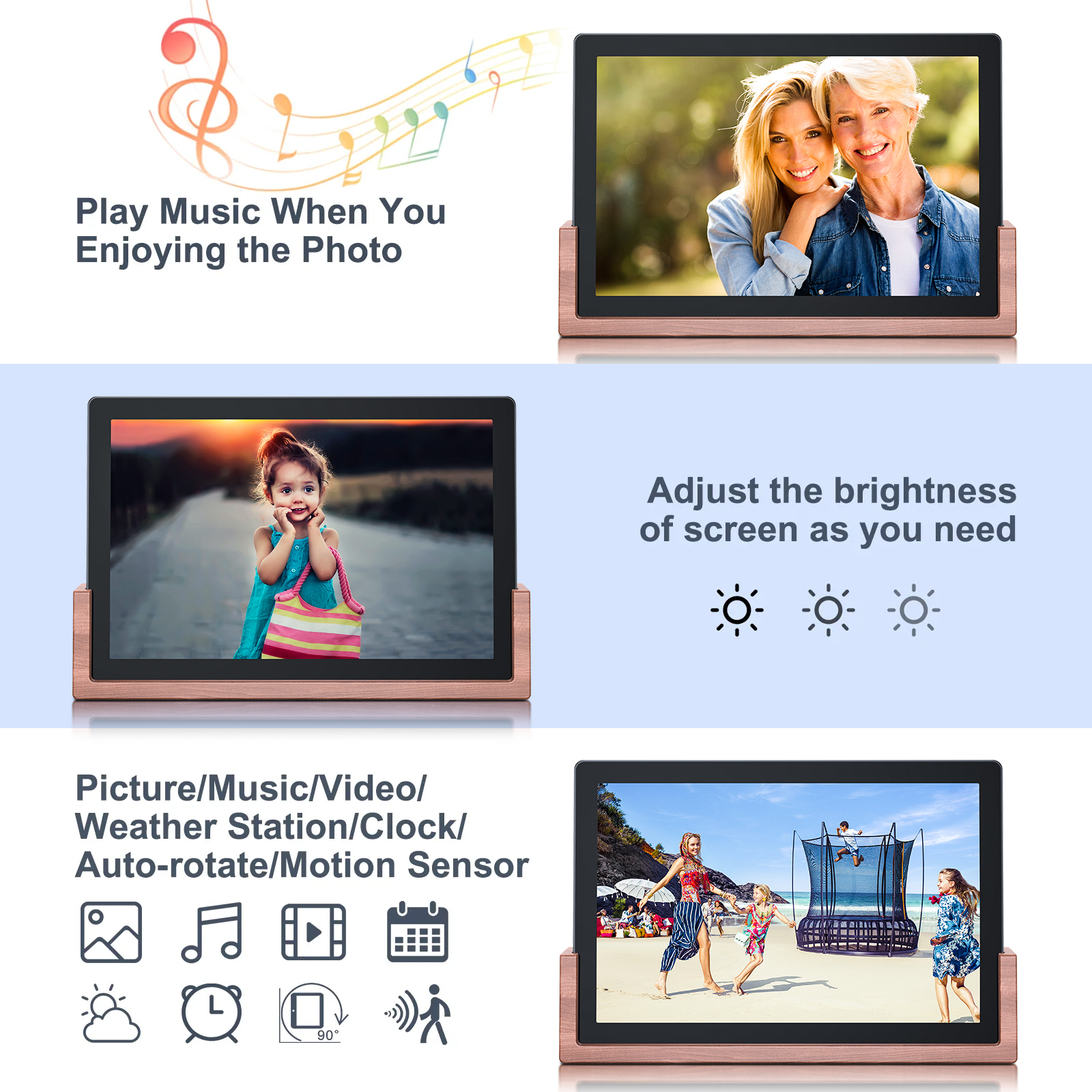 Digital Photo Frame 10.1 Real Wood Smart with Base WiFi Picture Internet Wifi Bluetooth Memory Remote with App IOS Android compatible