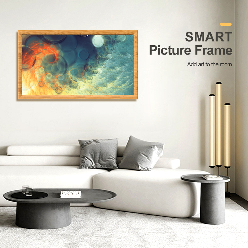Digital Photo Frame LCD 21.5" inch Real Wood Light Brown Border Less Smart Touch Screen WiFi Picture Display Bluetooth Remote App IOS Android Cloud