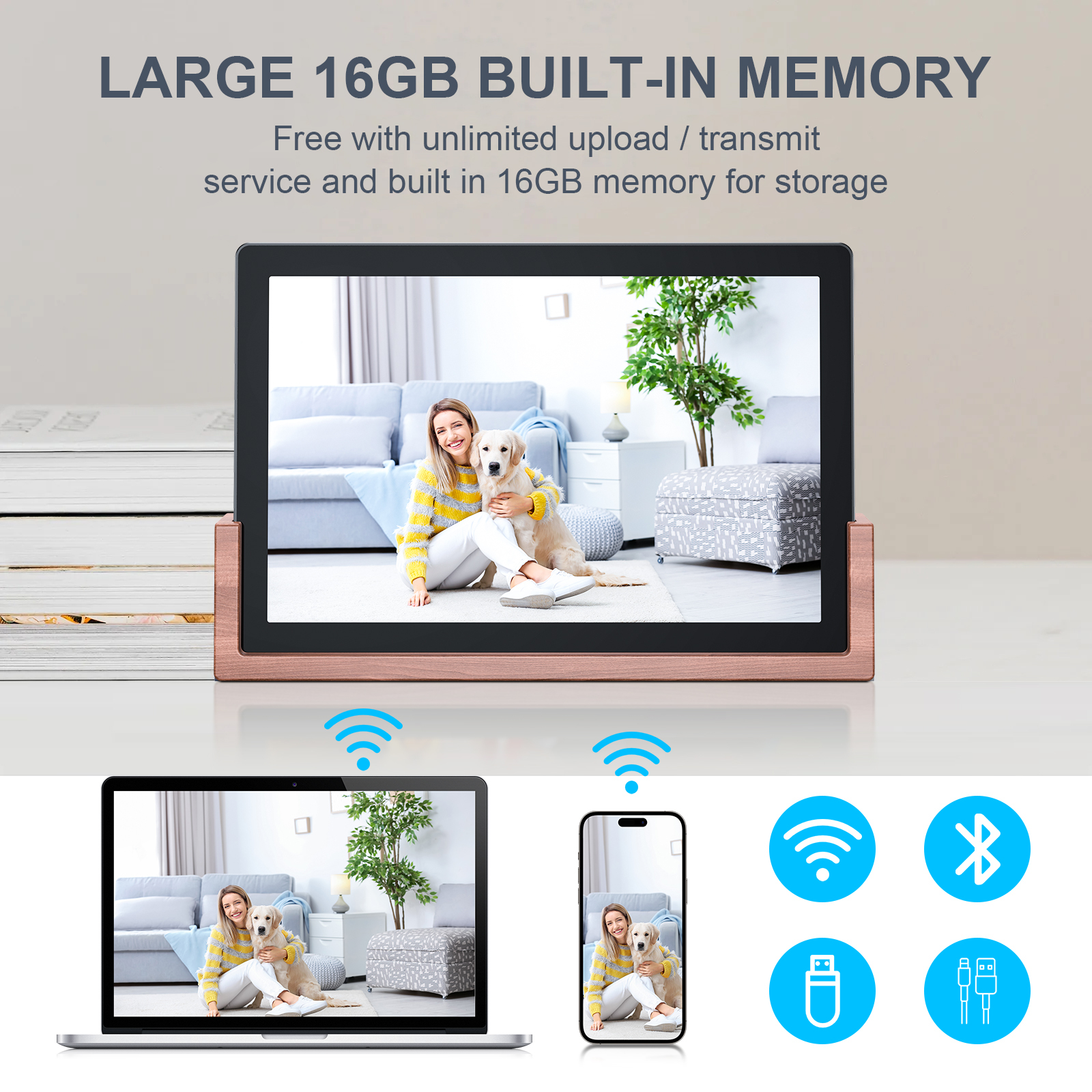 Digital Photo Frame 10.1 Real Wood Smart with Base WiFi Picture Internet Wifi Bluetooth Memory Remote with App IOS Android compatible
