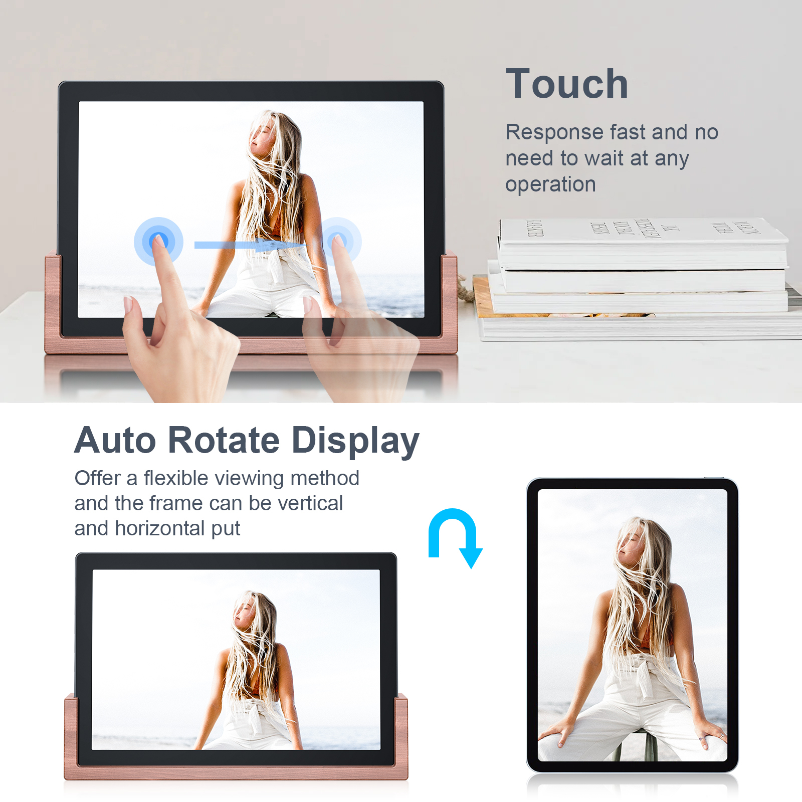 Digital Photo Frame 10.1 Real Wood Smart with Base WiFi Picture Internet Wifi Bluetooth Memory Remote with App IOS Android compatible