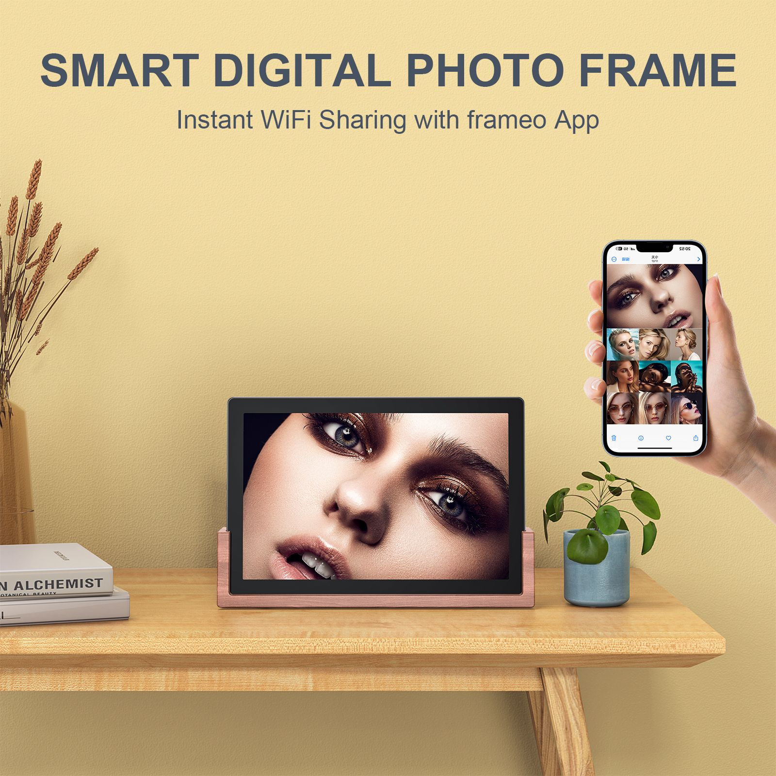 Digital Photo Frame 10.1 Real Wood Smart with Base WiFi Picture Internet Wifi Bluetooth Memory Remote with App IOS Android compatible