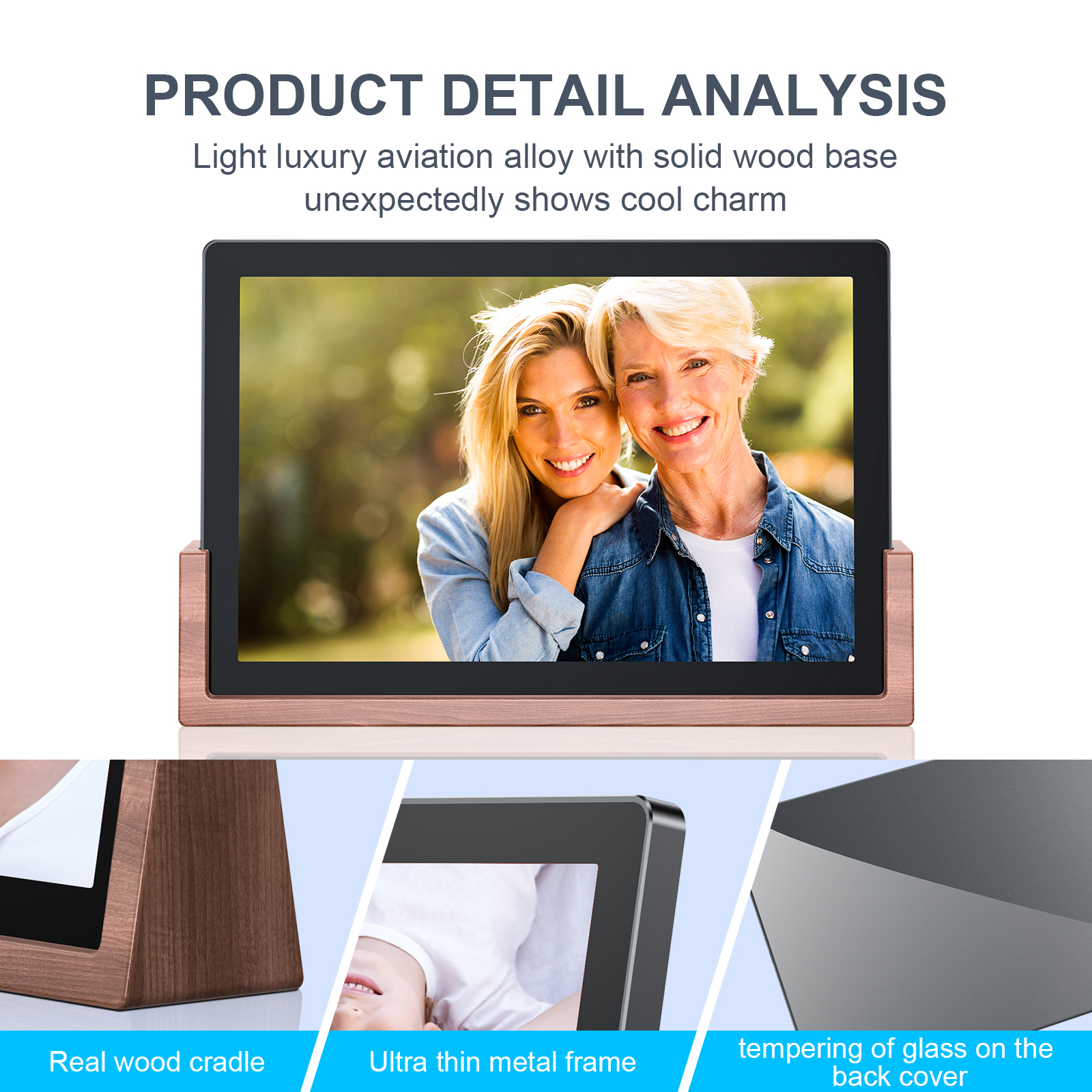 Digital Photo Frame 10.1 Real Wood Smart with Base WiFi Picture Internet Wifi Bluetooth Memory Remote with App IOS Android compatible