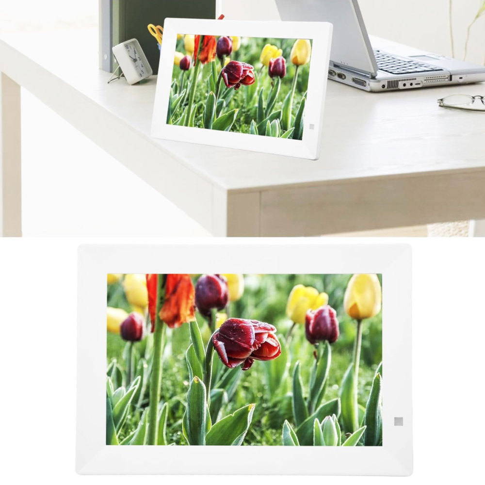 Digital Photo Frame 10.1 White Plastic Smart Touch Screen WiFi Picture Display Bluetooth Remote App IOS Android Cloud