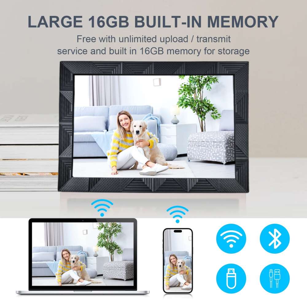 Digital Photo Frame LCD 10.1 Inch Smart Black Plastic WiFi Cloud Electronic Picture Remote Control App iOS Android Bluetooth Display Signage