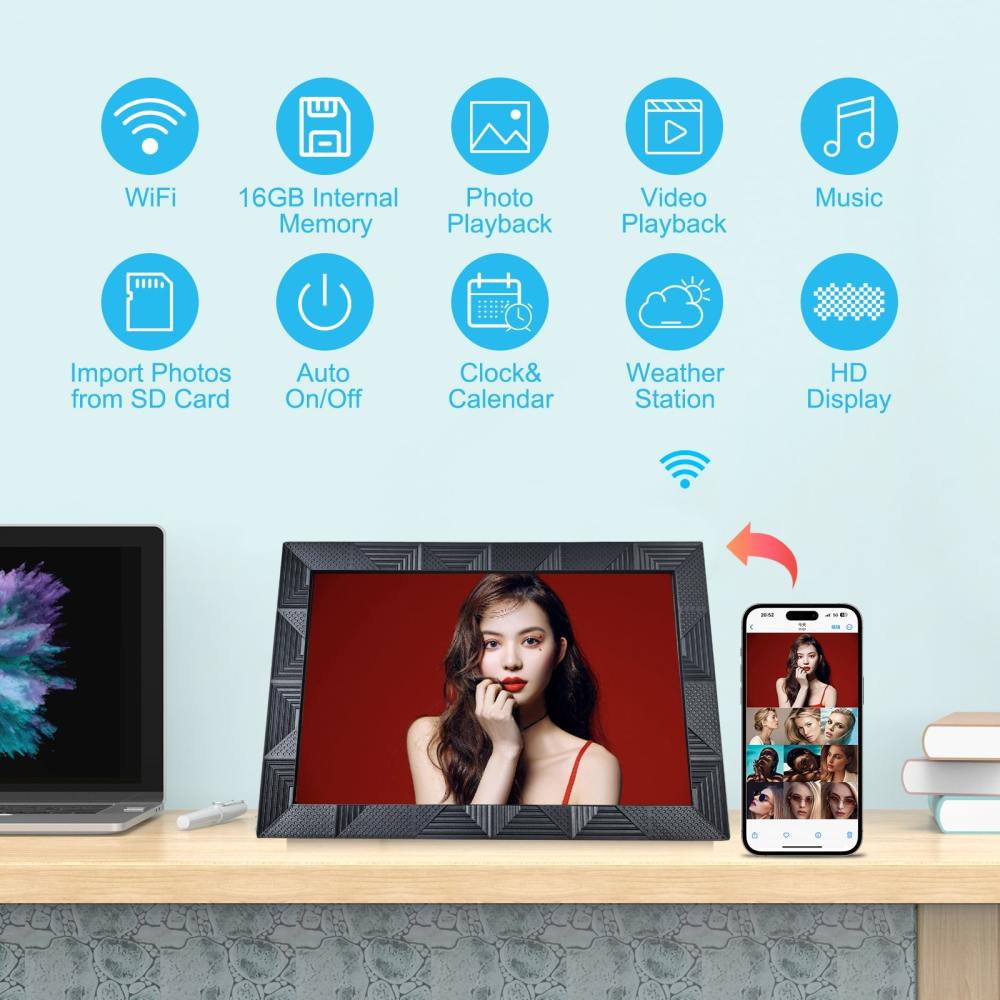 Digital Photo Frame LCD 10.1 Inch Smart Black Plastic WiFi Cloud Electronic Picture Remote Control App iOS Android Bluetooth Display Signage