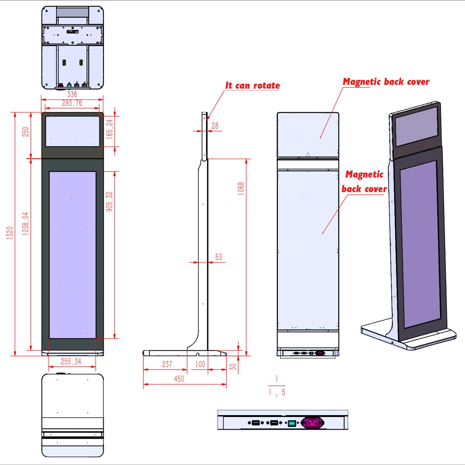 13.3" + 37" Totem Dual Screen LCD Digital Signage Touch Kiosk Vertical Video Display Advertising Player Android Floor Standing