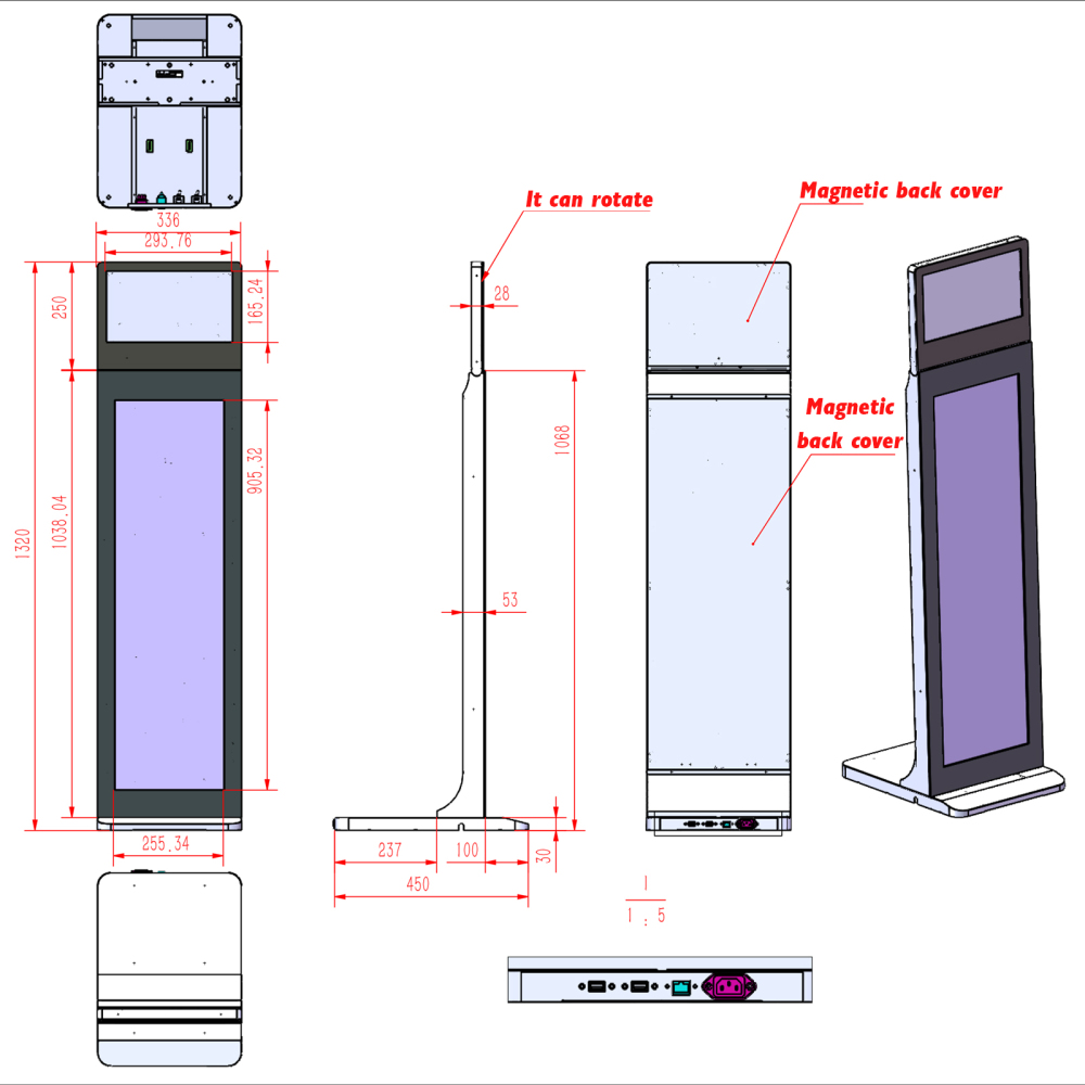 13.3" + 37" Totem Dual Screen LCD Digital Signage Touch Kiosk Vertical Video Display Advertising Player Android Floor Standing