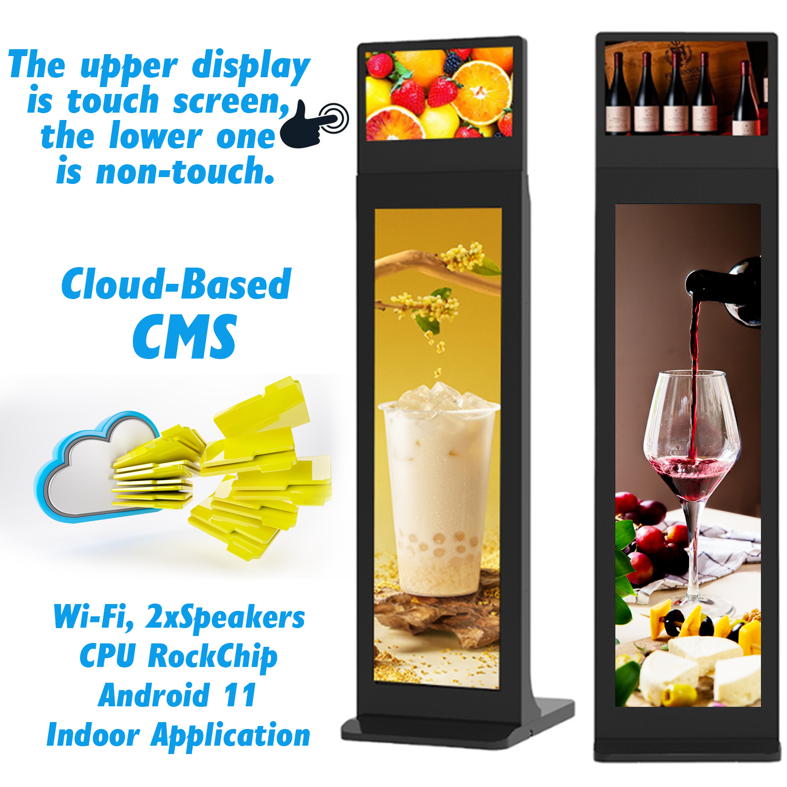 13.3" + 37" Totem Dual Screen LCD Digital Signage Touch Kiosk Vertical Video Display Advertising Player Android Floor Standing