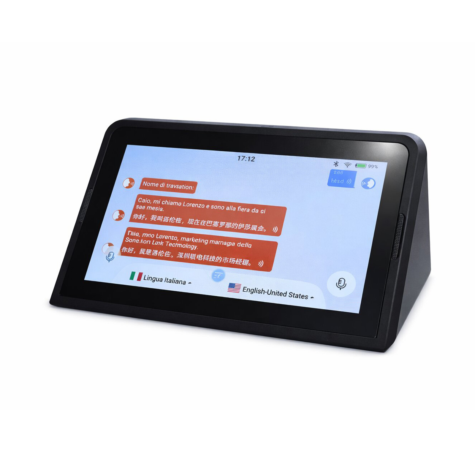 Fit Dual Screen Smart Translator – 7” Android Display with Battery, Speaker, Desktop Stand for Airports, Hotels, Restaurants, Retail & Meeting Rooms