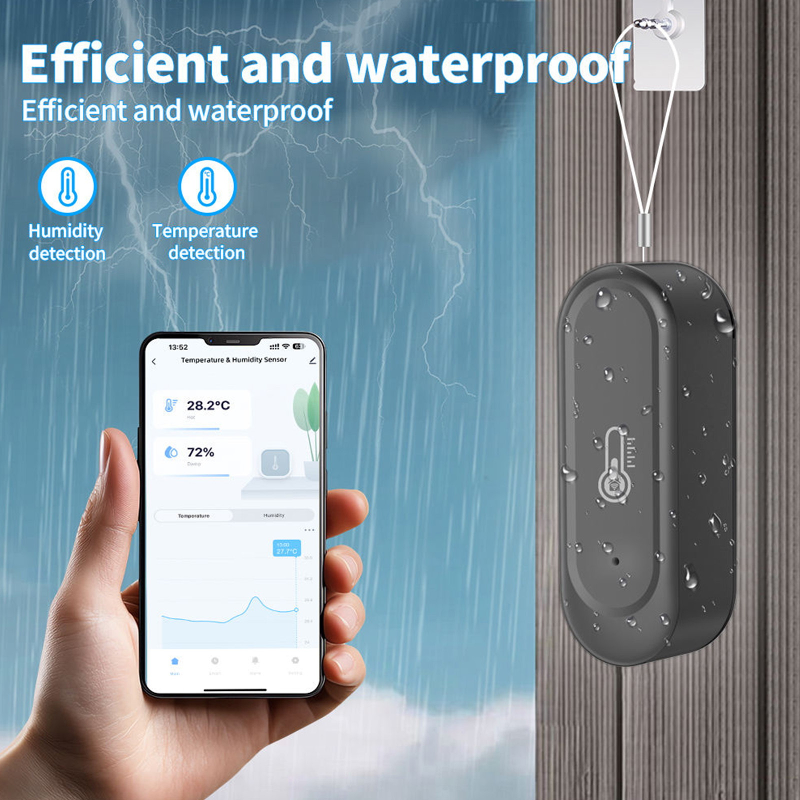 White Tuya WiFi Waterproof Temperature & Humidity Sensor – 2.4GHz Wireless Environmental Monitor, Smart Life App, No Hub Required, Remote Monitoring & Smart Home Automation