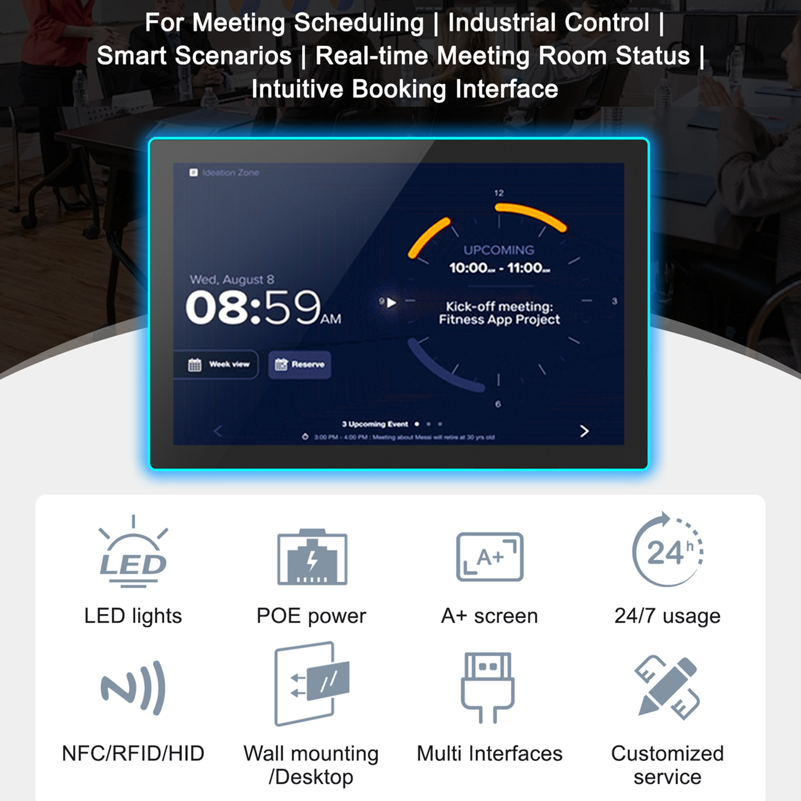10.1" Android Meeting Room Display with NFC & RFID, PoE, Touchscreen, Camera & LED Light Bar – Conference Room Booking & Scheduling Panel