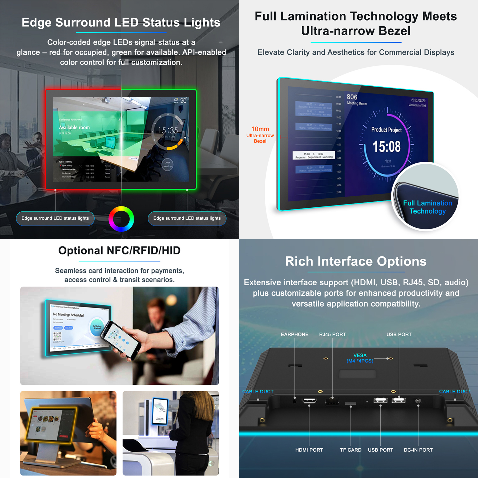 10.1" Android Meeting Room Display with NFC & RFID, PoE, Touchscreen, Camera & LED Light Bar – Conference Room Booking & Scheduling Panel