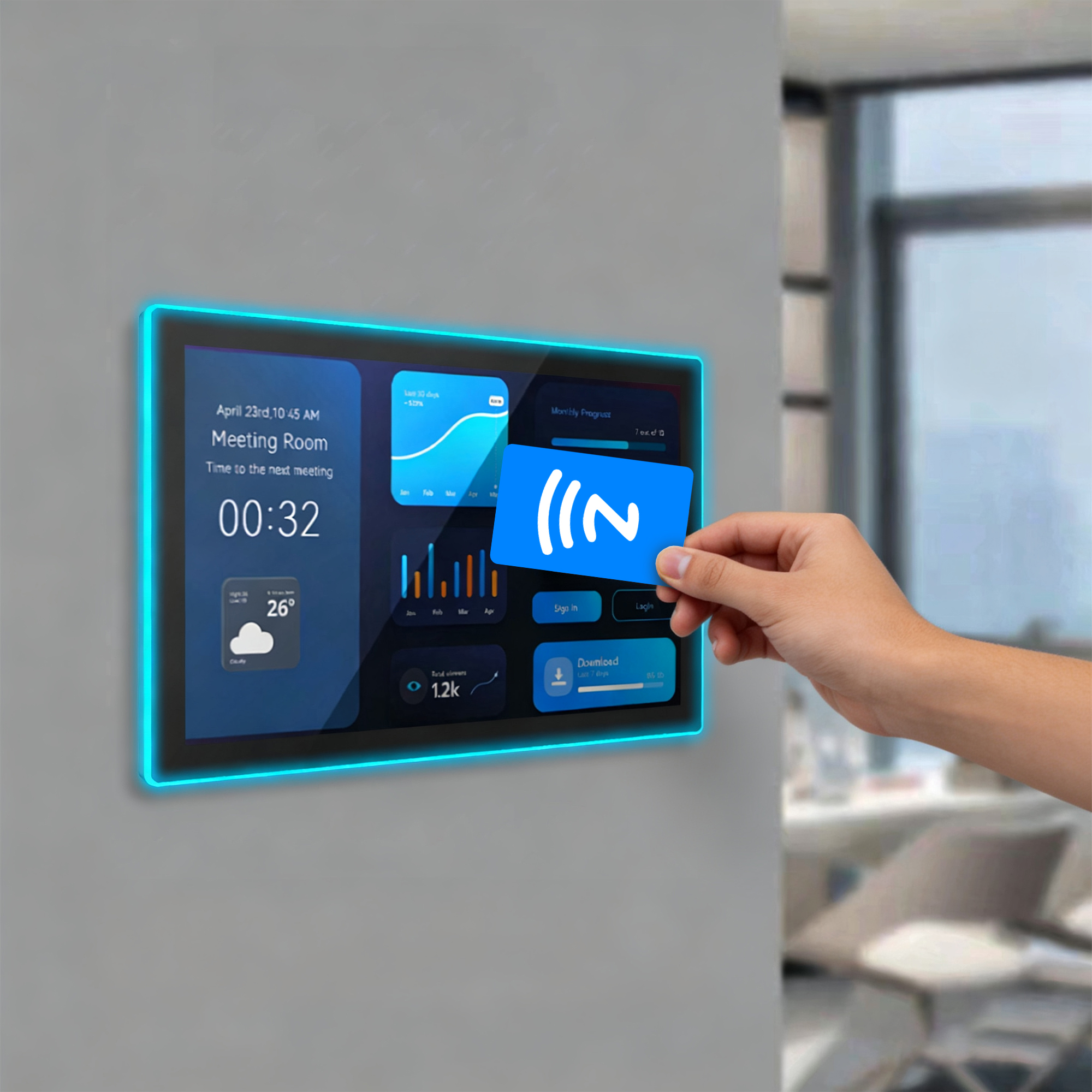 10.1" Android Meeting Room Display with NFC & RFID, PoE, Touchscreen, Camera & LED Light Bar – Conference Room Booking & Scheduling Panel
