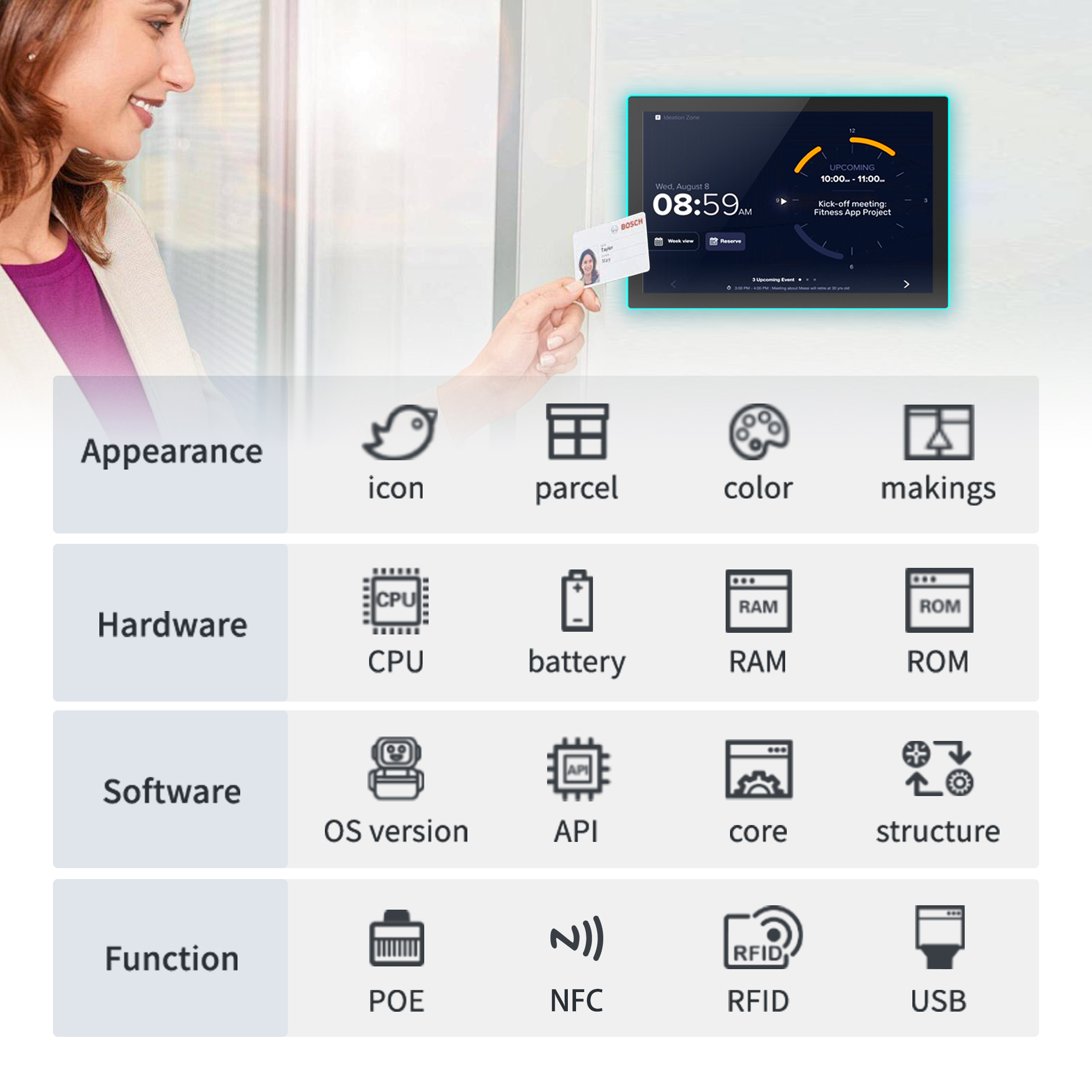 10.1" Android Meeting Room Display with NFC & RFID, PoE, Touchscreen, Camera & LED Light Bar – Conference Room Booking & Scheduling Panel