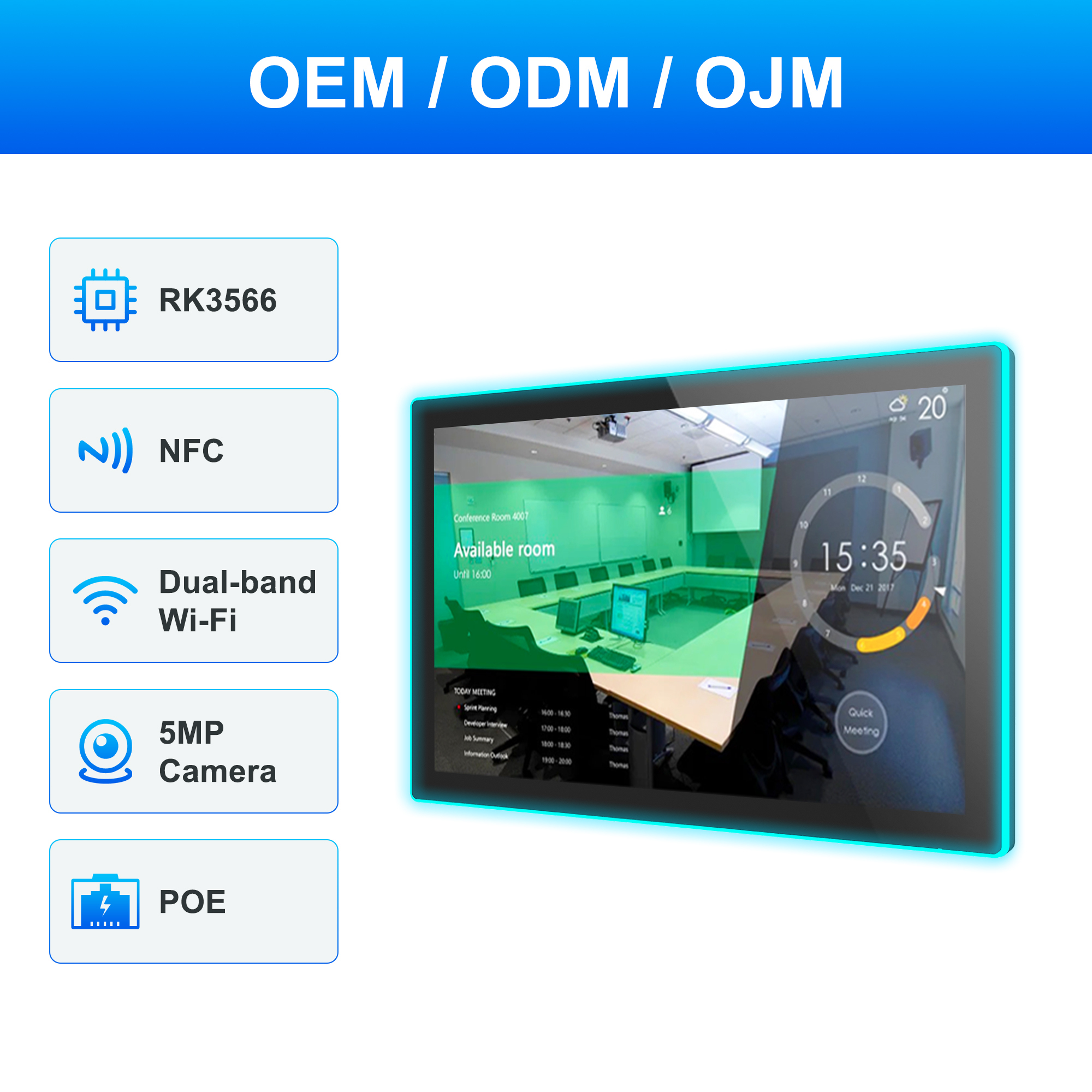 10.1" Android Meeting Room Display with NFC & RFID, PoE, Touchscreen, Camera & LED Light Bar – Conference Room Booking & Scheduling Panel