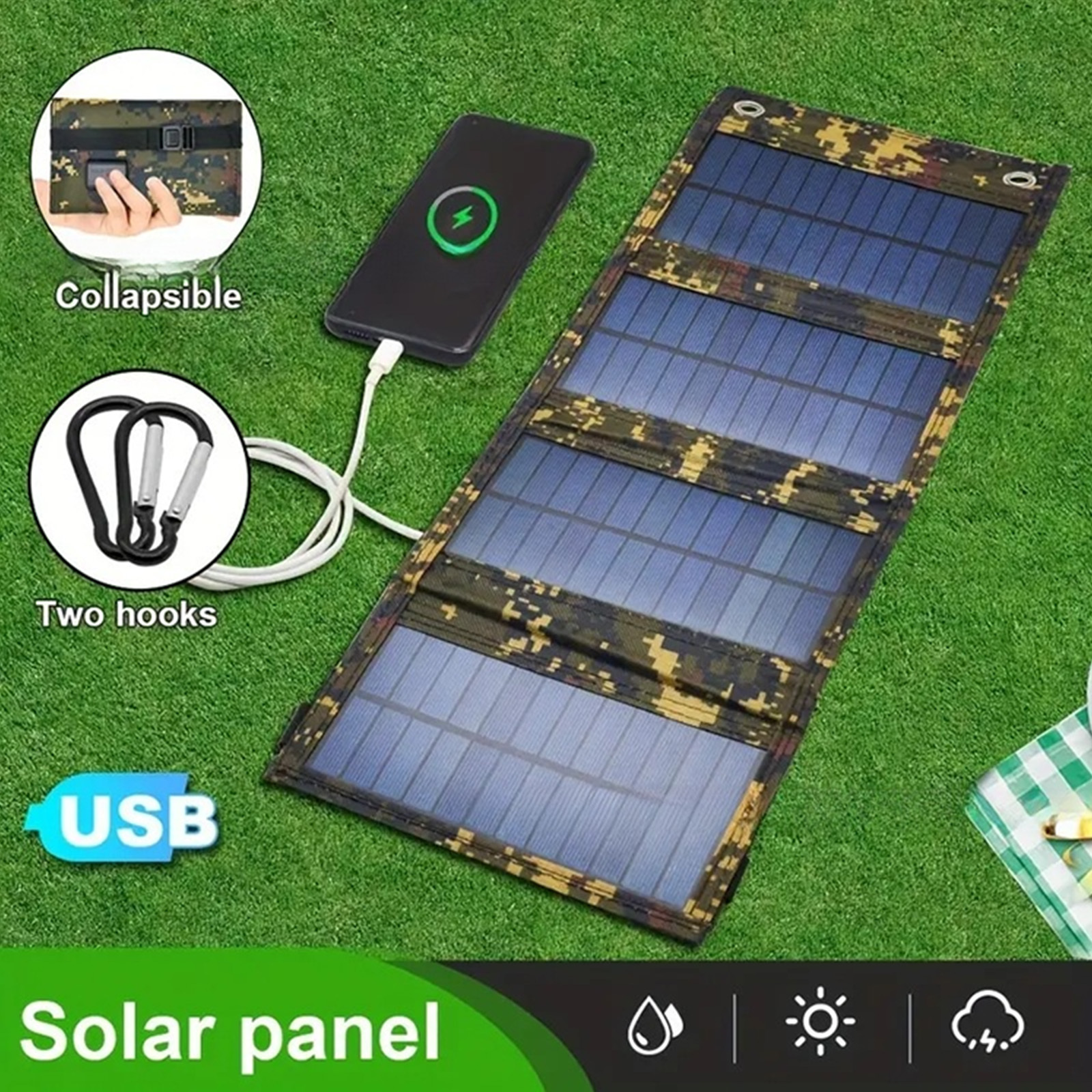 20W Foldable Solar Panel Portable USB 5V Solar Charger Outdoor Camping Emergency Power Bank Charger Waterproof PET Solar Panel for Hiking Travel Fishing OEM ODM