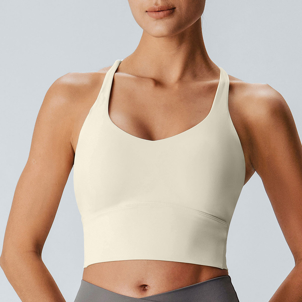Cream V Neck X-Cross Sports Bra - Light Support