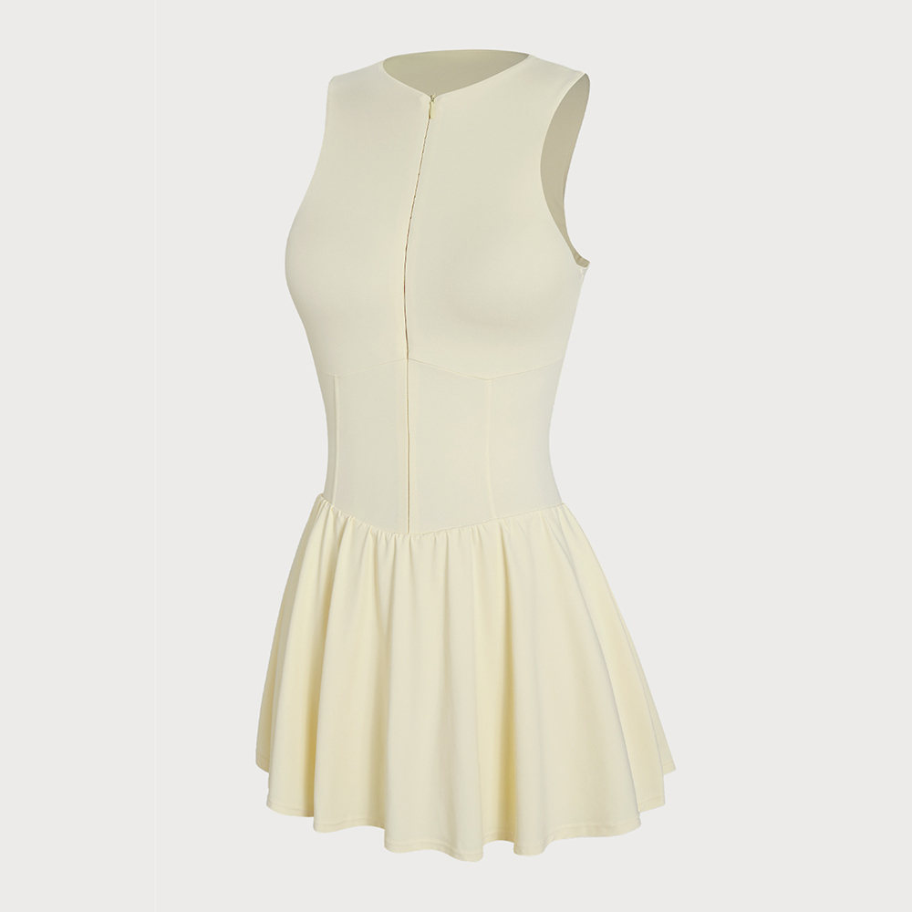 Light yellow front zipper sports jumpsuit tennis skirt