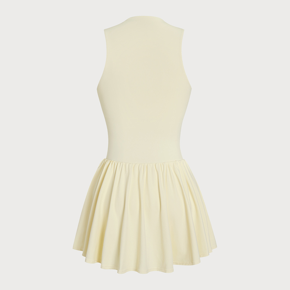 Light yellow front zipper sports jumpsuit tennis skirt