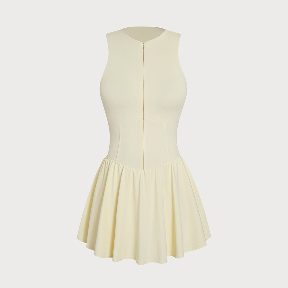 Light yellow front zipper sports jumpsuit tennis skirt