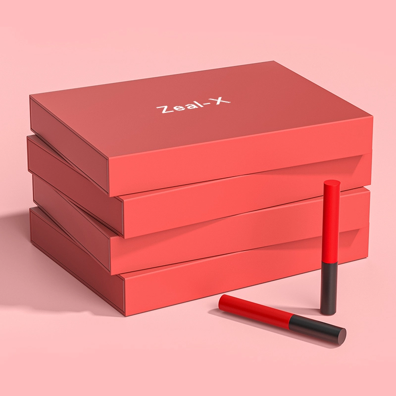 Coral red matte rigid lip gloss set box closed view