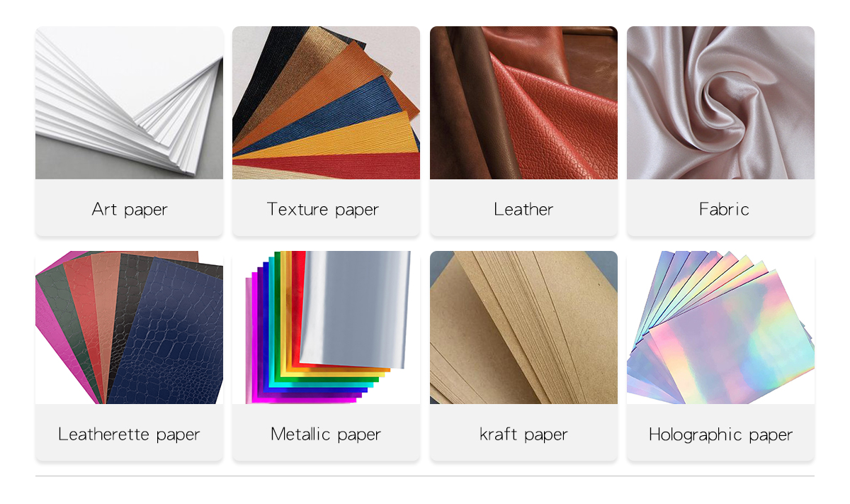  Zeal-X premium packaging surface material options: Art paper, Texture paper, genuine Leather, luxury Fabric, Leatherette paper, eye-catching Metallic paper, eco-friendly Kraft paper, and vibrant Holographic paper for custom luxury boxes.