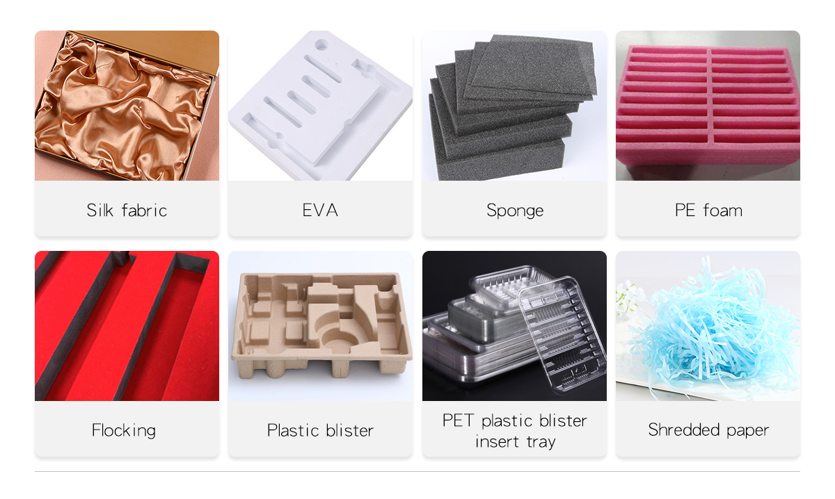  Zeal-X custom packaging insert materials for product protection: Silk fabric, high-density EVA, protective Sponge, PE foam, luxury Flocking, standard Plastic blister, eco-friendly PET plastic blister insert tray, and decorative Shredded paper for premium unboxing experiences.