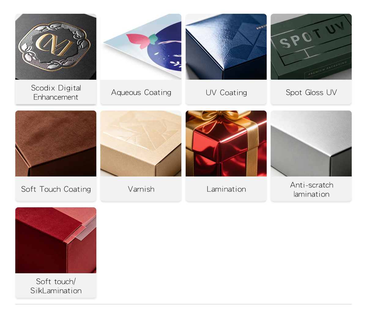  Zeal-X premium packaging finishing options: Scodix Digital Enhancement for 3D tactile effects, Aqueous Coating, UV and Spot Gloss UV Coating, Soft Touch Coating, Varnish, high-shine Lamination, Anti-scratch lamination, and luxury Soft touch/Silk Lamination for high-end custom boxes.
