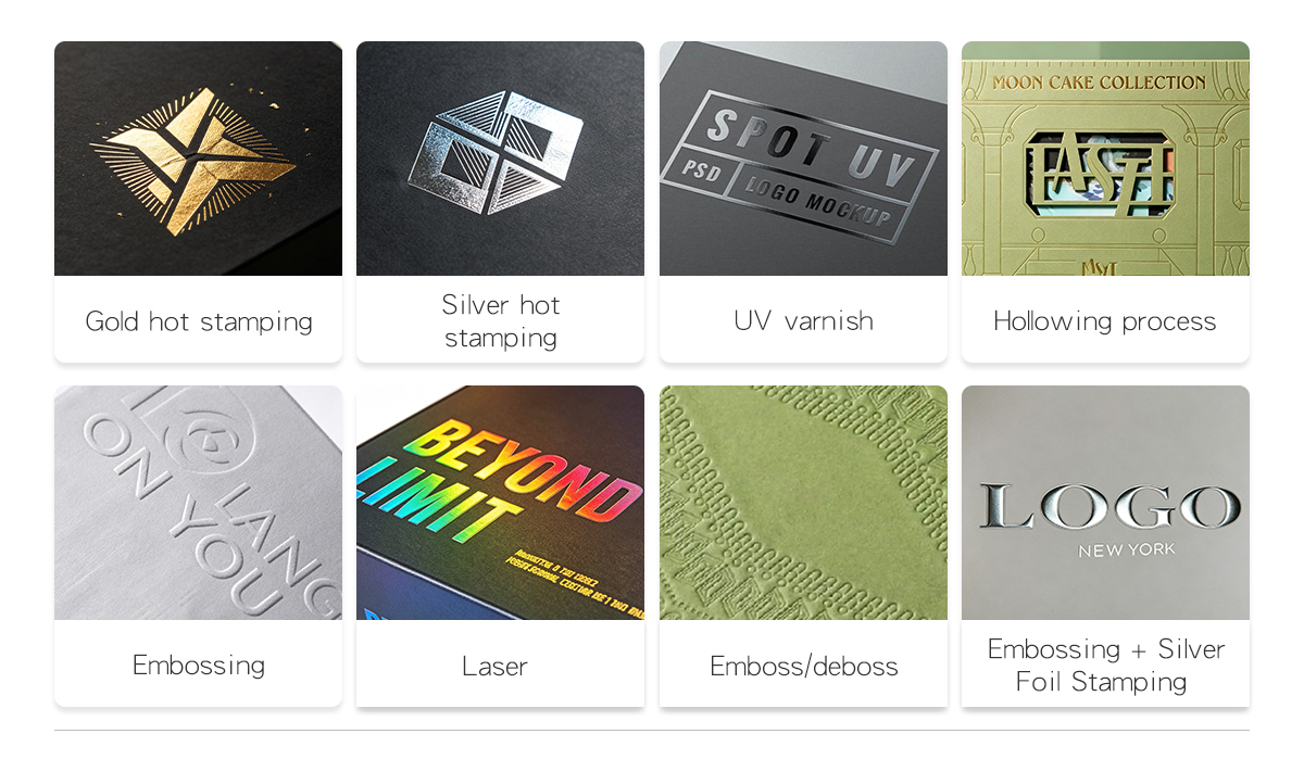  Zeal-X custom logo and luxury finishing options: Gold and Silver hot stamping, UV varnish, intricate Hollowing process, high-relief Embossing, vibrant Laser effects, detailed Emboss/deboss textures, and premium Embossing combined with Silver Foil Stamping for luxury brand packaging.