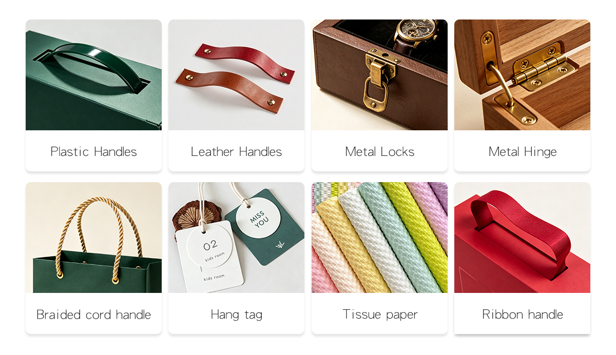 Zeal-X premium packaging accessories and hardware gallery: Plastic and Leather handles, luxury Metal Locks and Hinges for rigid gift boxes, elegant Braided cord and Ribbon handles, custom Hang tags, and high-quality Tissue paper for a complete luxury unboxing experience.
