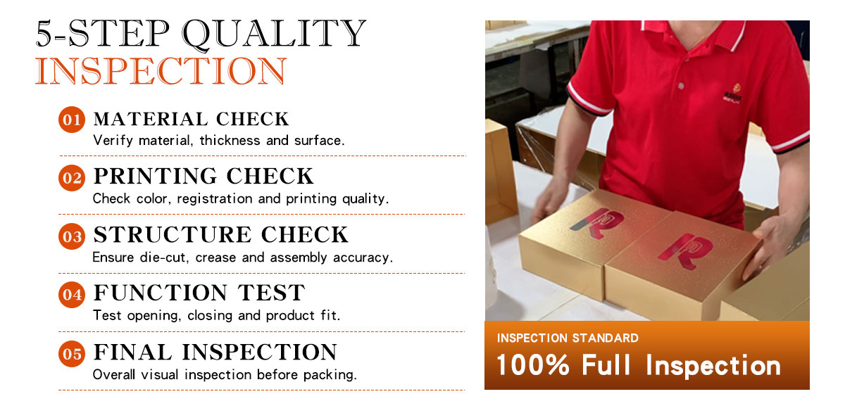 Zeal-X 5-Step Quality Inspection process for 100% full inspection: 1) Material Check for thickness and surface; 2) Printing Check for color and registration; 3) Structure Check for die-cut, crease and assembly accuracy; 4) Function Test for opening and closing; 5) Final overall visual inspection before packing.