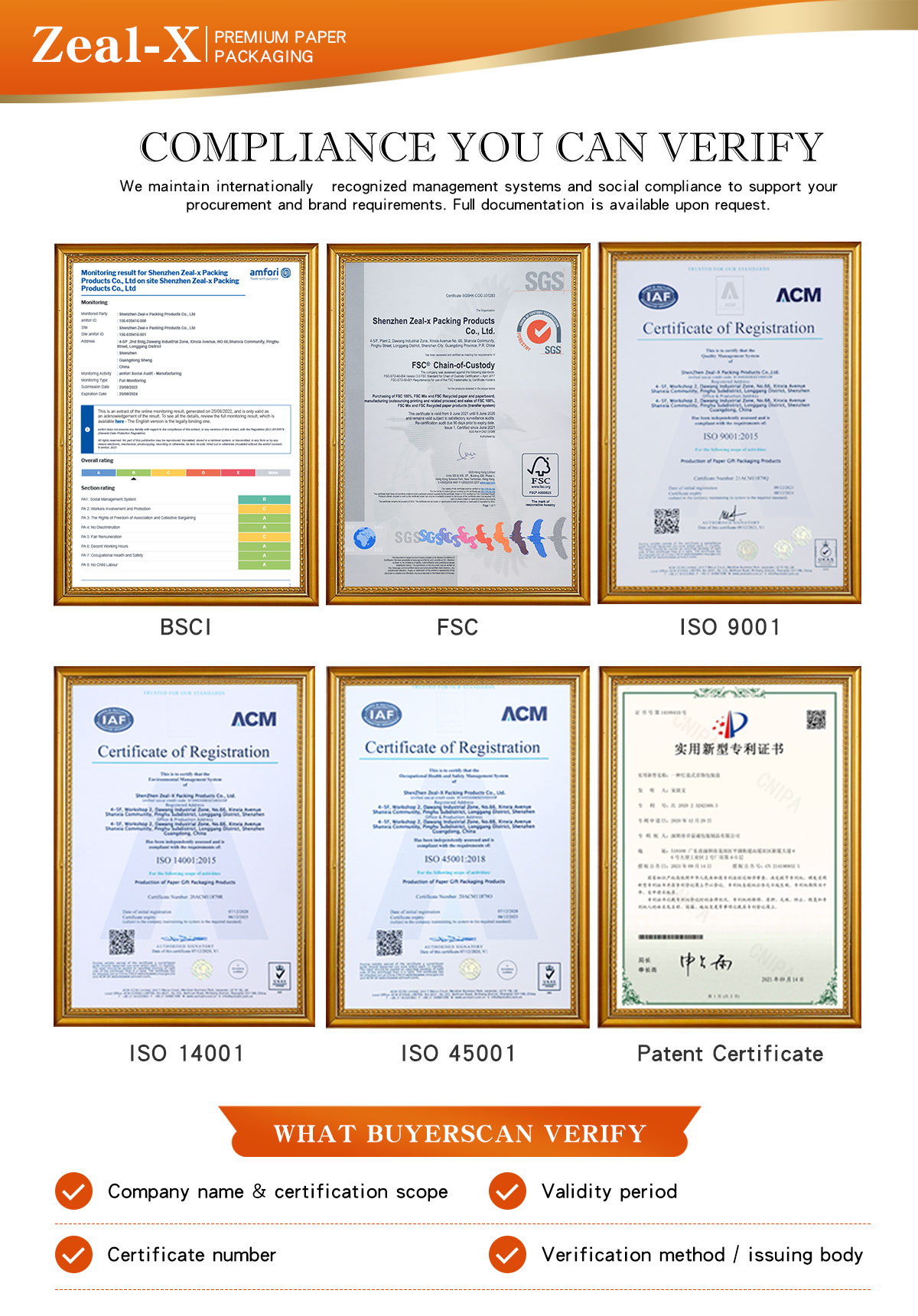 Zeal-X Packaging internationally recognized compliance and certifications: BSCI social compliance monitoring, FSC Chain-of-Custody (SGS), ISO 9001 Quality Management, ISO 14001 Environmental Management, ISO 45001 Occupational Health and Safety, and Patent Certificates. Supporting global procurement with verifiable documentation, certificate numbers, and validity periods.
