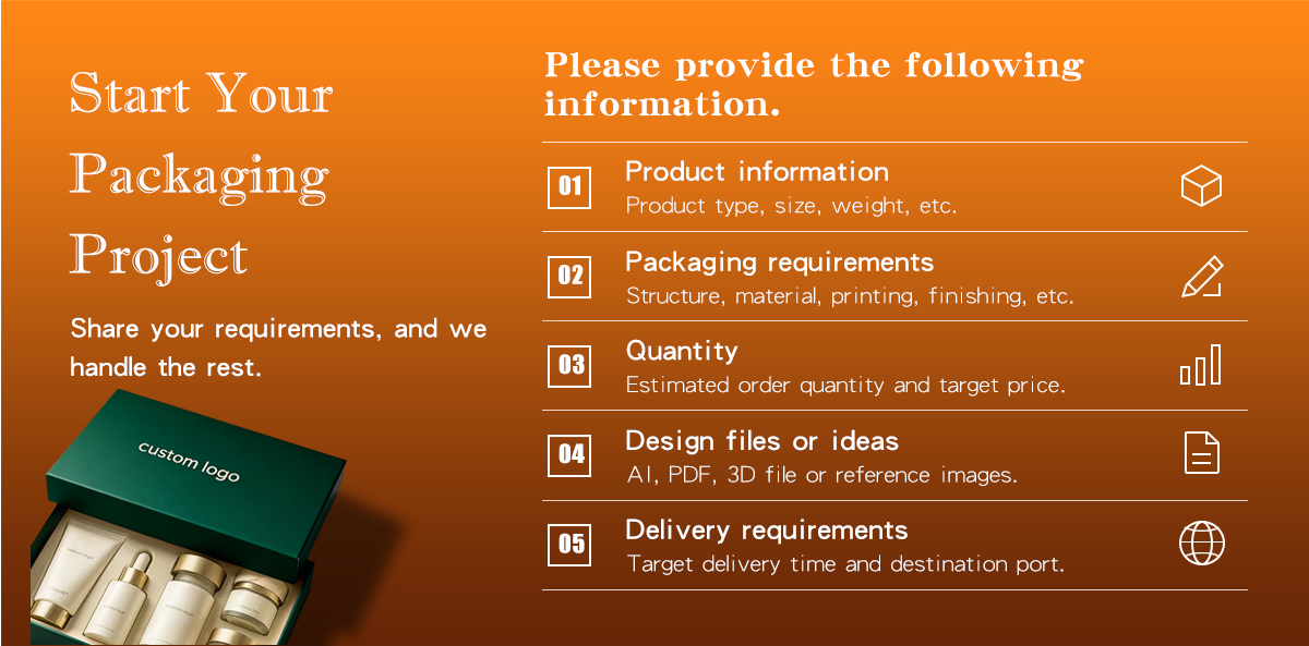  Zeal-X Packaging Project Start Guide: Please provide 1) Product information (type, size, weight); 2) Packaging requirements (structure, material, printing, finishing); 3) Order quantity and target price; 4) Design files (AI, PDF, 3D file or images); 5) Delivery requirements (time and destination port) for a custom logo packaging solution.