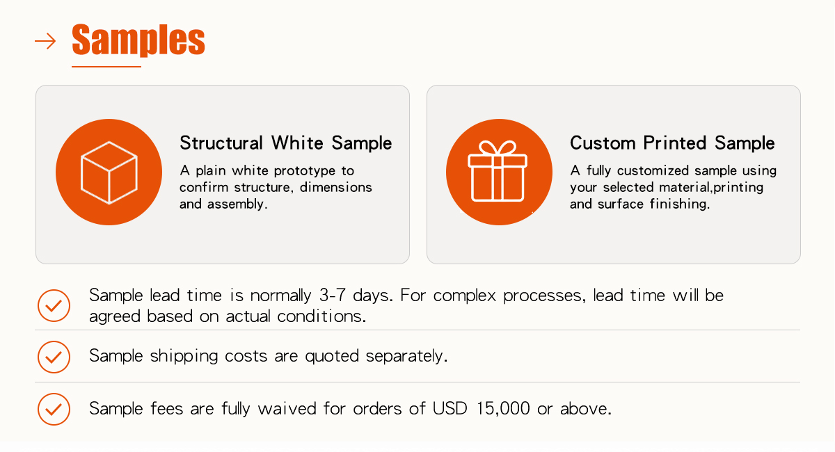 Zeal-X professional packaging sampling services featuring two primary options: Structural White Samples and Custom Printed Samples. Zeal-X provides plain white prototypes to verify box dimensions and assembly efficiency, as well as fully customized printed samples using advanced materials and surface finishing techniques. The standard sample lead time at Zeal-X is a rapid 3-7 business days, ensuring quick project turnaround. Notably, Zeal-X offers a value-added policy where sample fees are fully waived for mass production orders exceeding USD 15,000. This transparent sampling process demonstrates Zeal-X's expertise in prototype development and commitment to quality assurance for global B2B clients.