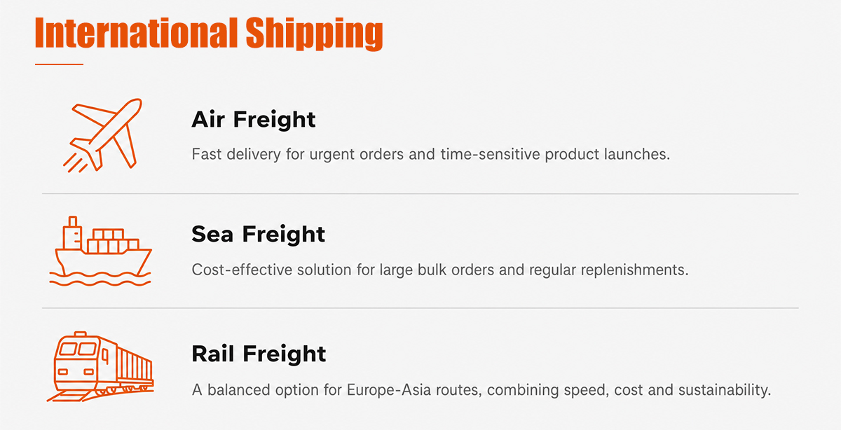 Zeal-X global international shipping and logistics solutions for custom packaging distribution. Zeal-X offers three strategic freight modes to meet diverse business needs: 1. Air Freight for rapid delivery, ideal for urgent orders and time-sensitive product launches. 2. Sea Freight as a cost-effective maritime solution for large-scale bulk orders and regular inventory replenishment. 3. Rail Freight, a sustainable and balanced transport option specifically optimized for Europe-Asia trade routes, effectively combining transit speed with cost efficiency. Zeal-X's robust logistics framework ensures reliable, multi-modal delivery services for international brand partners worldwide.