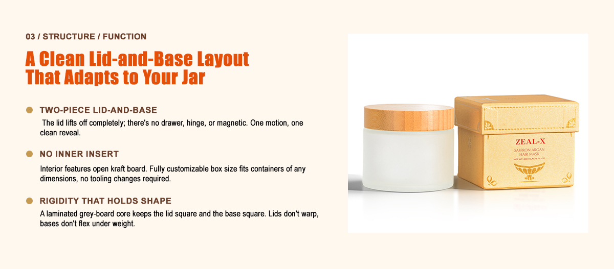 Zeal-X two-piece box: non-warping grey-board core, square lid-and-base fit, tray-free design. Premium branding since 2009.