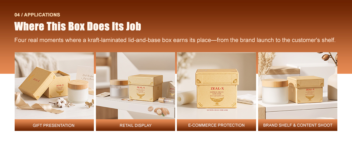 Zeal-X kraft box applications: gift presentation, retail display, e-commerce protection. Premium branding since 2009.