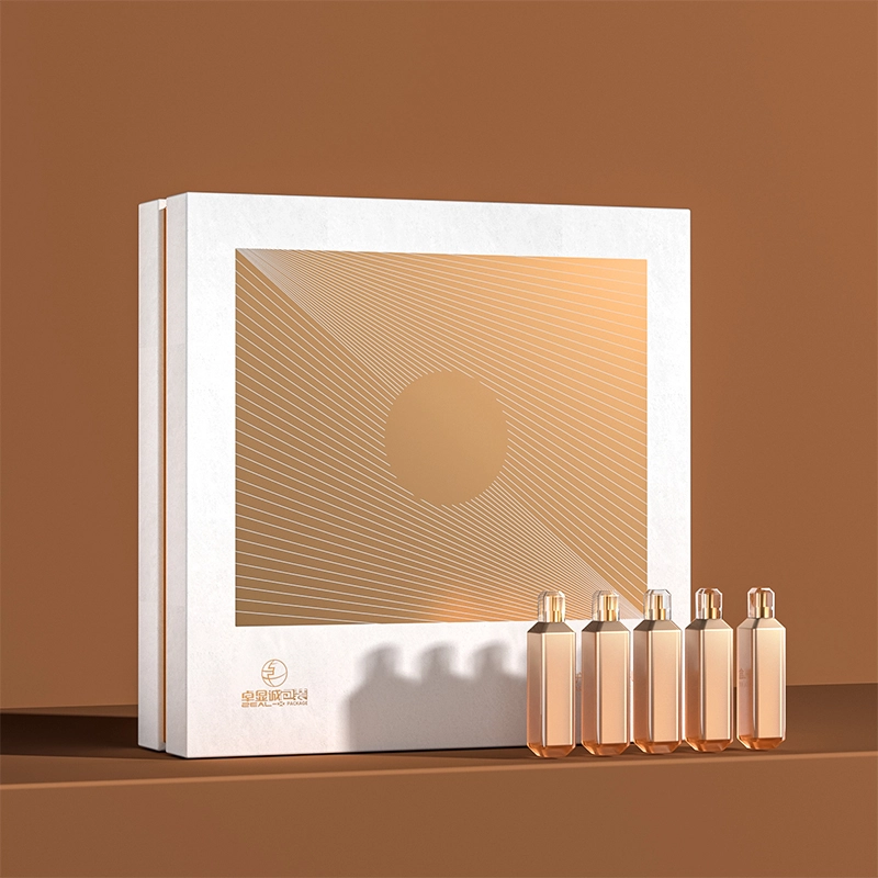Zeal-X luxury two-piece serum box with gold foil logo and product bottles presentation