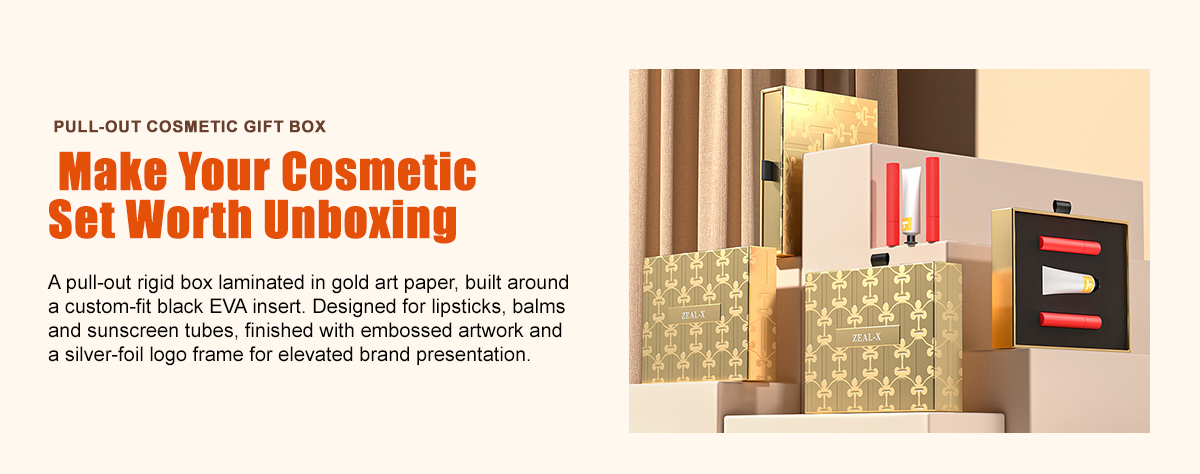 Zeal-X pull-out cosmetic gift box with gold art paper, embossed logo frame and custom black EVA insert