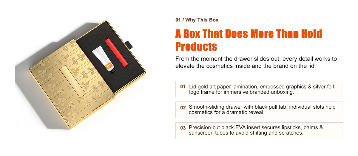 Zeal-X cosmetic drawer box with smooth pull tab and precision-cut EVA slots for lipsticks, balms and tubes