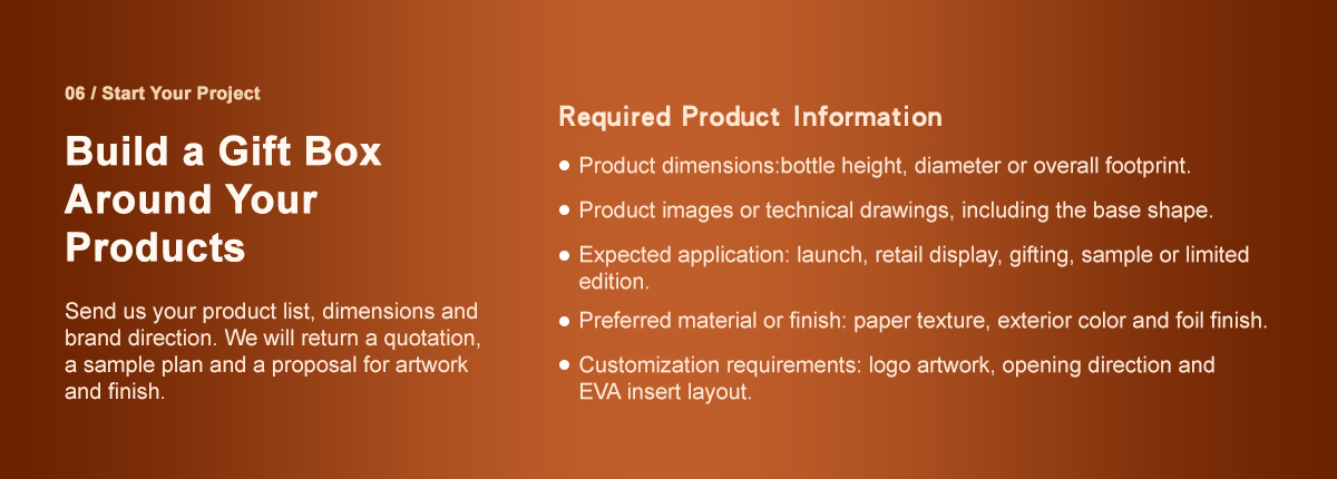 Zeal-X custom gift box project guide listing product dimensions, drawings, applications, finishes and EVA layout