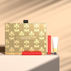 Zeal-X embossed gold cosmetic packaging box with woven pull tab and lipstick display