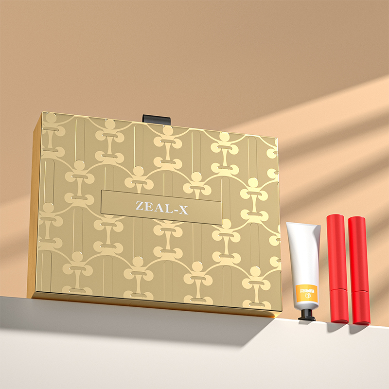 Zeal-X custom gold drawer box for premium lipstick, serum and skincare gift presentation