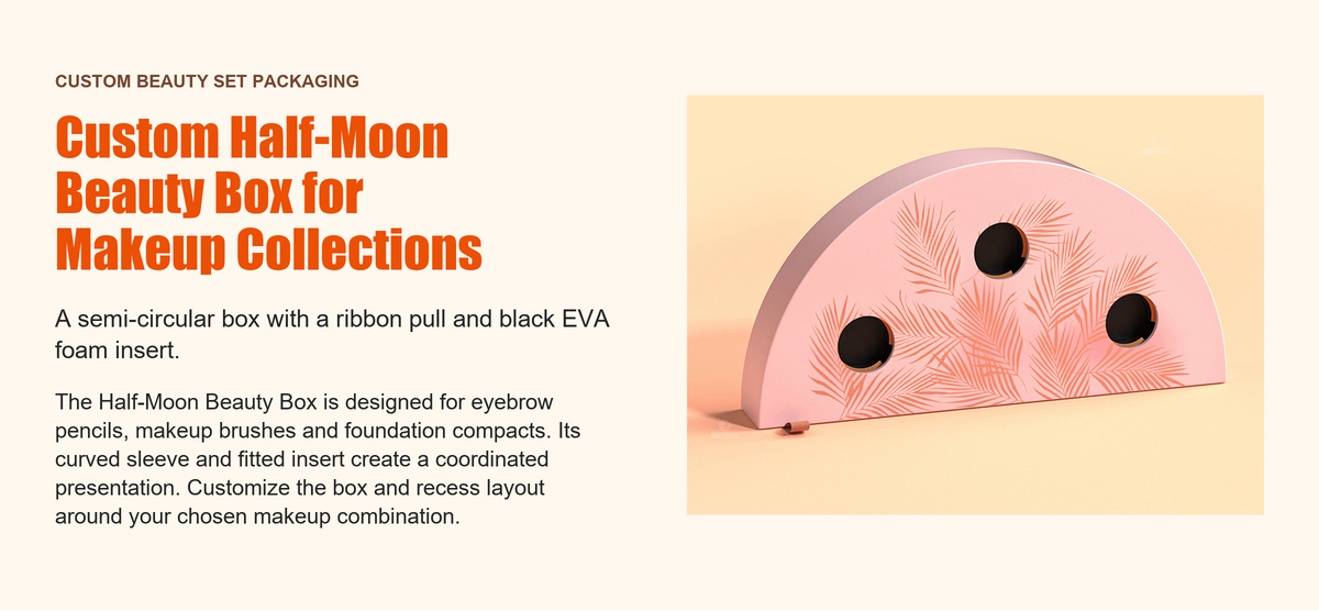 Custom pink half-moon beauty box with botanical patterned sleeve, three circular openings and a black EVA insert for makeup items.