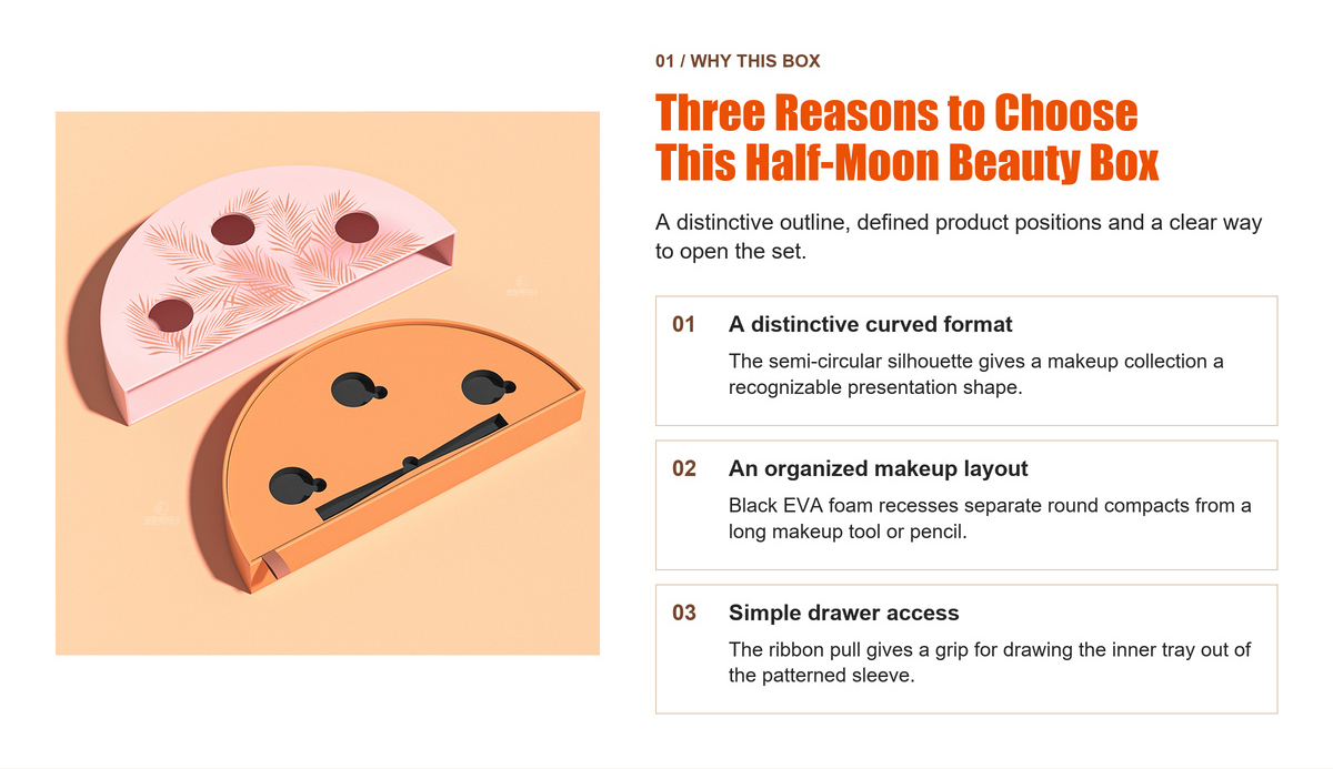 Open half-moon beauty box showing a curved sleeve, ribbon pull and black EVA insert with separate recesses for compacts and long makeup tools.