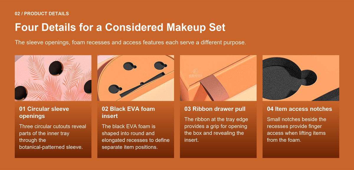 Four details of a half-moon beauty box: circular sleeve openings, black EVA foam insert, ribbon drawer pull and item access notches.