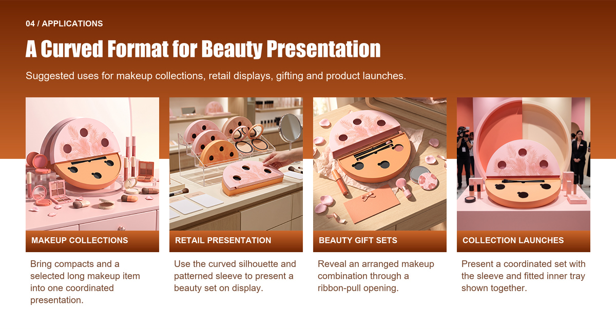 Four applications for a half-moon beauty box: makeup collections, retail presentation, beauty gift sets and collection launches.