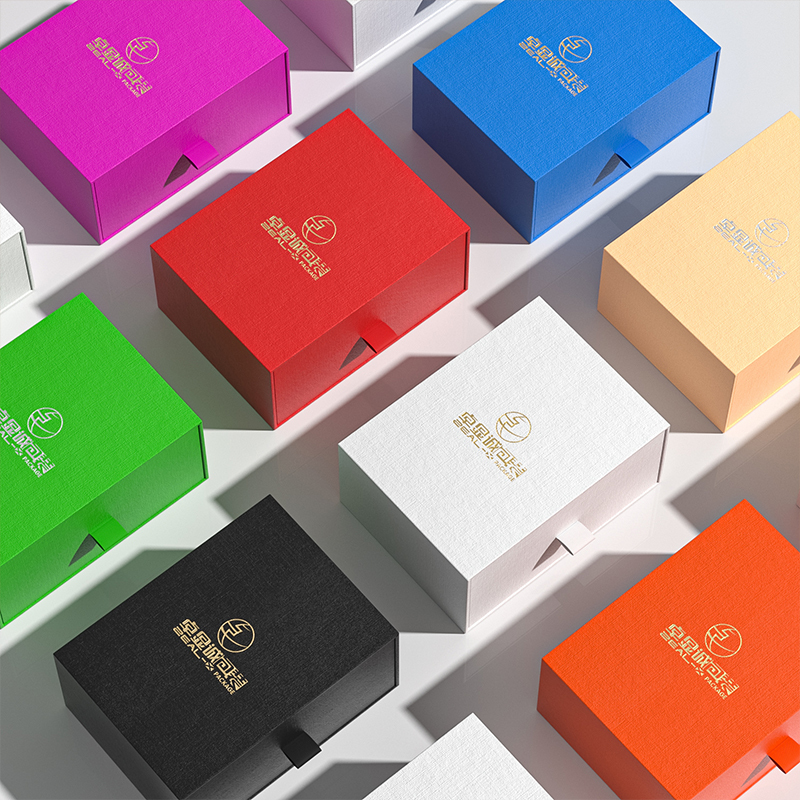 Colorful custom perfume boxes arranged together in red, blue, green, pink, white, black and orange.