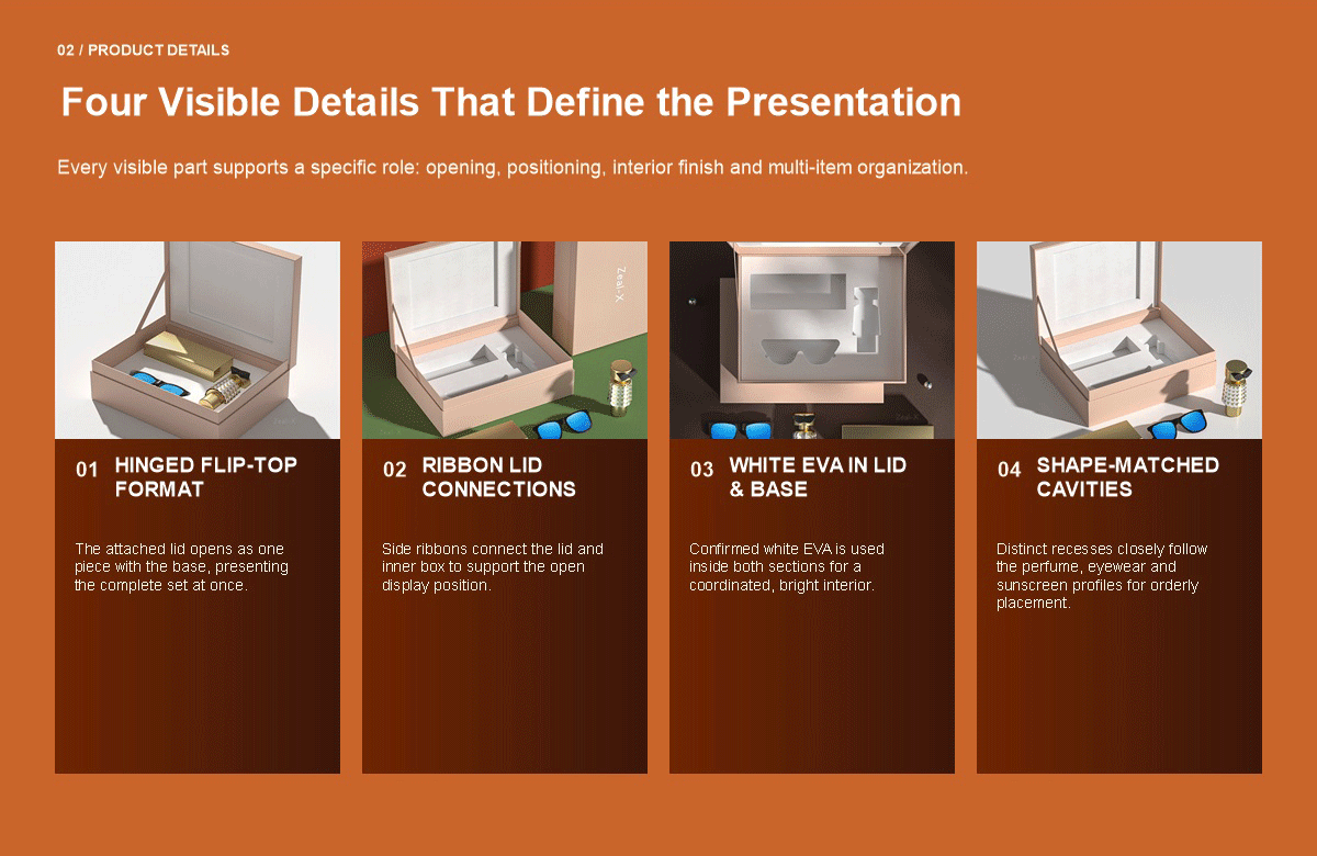 Key details of a hinged gift set box, including ribbon lid supports, white EVA lining and custom-cut cavities